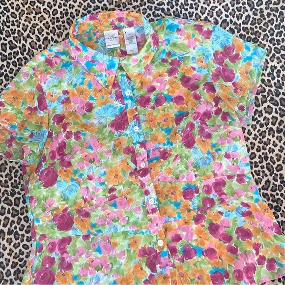 Vintage Sheer Floral Blouse Vibrant Print Artsy Short Sleeved Collared Button Do - Picture 7 of 7